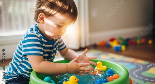 Little caucasian boy playing with water activities and rubber duck toy. Early child development and sensory play for autism spectrum disorder therapy.