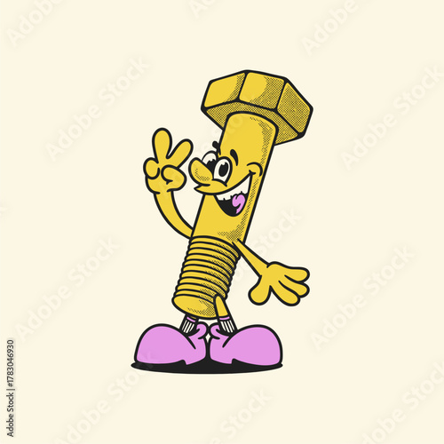 Groovy screw bolt character in retro cartoon with happy face. Mascot, vector, icon, collection, sticker, vintage, illustration, set, funny, logo, comic, editable, 70's, worker tools, hand tools
