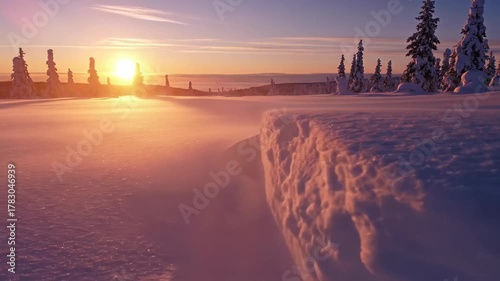 Sunset over snowcovered landscape featuring trees coated in snow