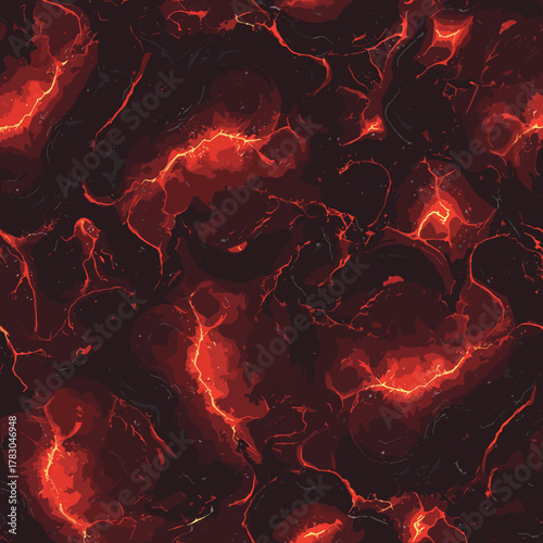 Intense Seamless Lava Flow Vector SVG Pattern: Abstract Volcanic Magma and Cracks Texture Background – Ideal for Gaming Graphics, Dark UI, Hellfire Themes, and Digital Art Projects