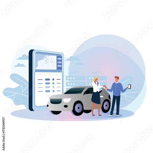 Concept of car rental service via smartphone. Female employee handing over keys to male customer. Online car rent service flat design concept vector illustration.