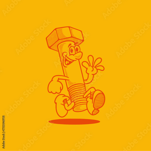 Groovy screw bolt character in retro cartoon with happy face. Mascot, vector, icon, collection, sticker, vintage, illustration, set, funny, logo, comic, editable, 70's, worker tools, hand tools