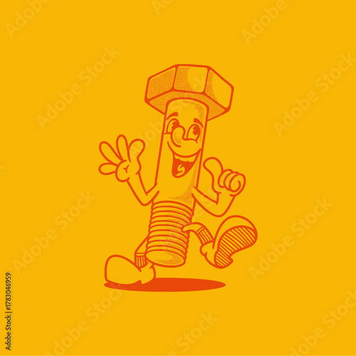 Groovy screw bolt character in retro cartoon with happy face. Mascot, vector, icon, collection, sticker, vintage, illustration, set, funny, logo, comic, editable, 70's, worker tools, hand tools