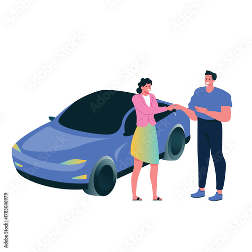 Concept of car rental service via smartphone. Female employee handing over keys to male customer. Online car rent service flat design concept vector illustration.