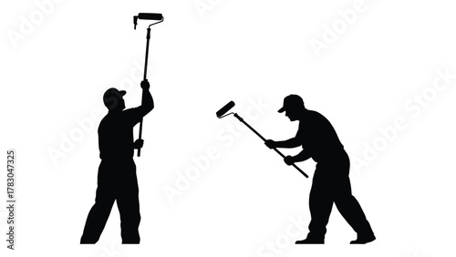 Painters with rollers silhouette isolated on white background, Vector