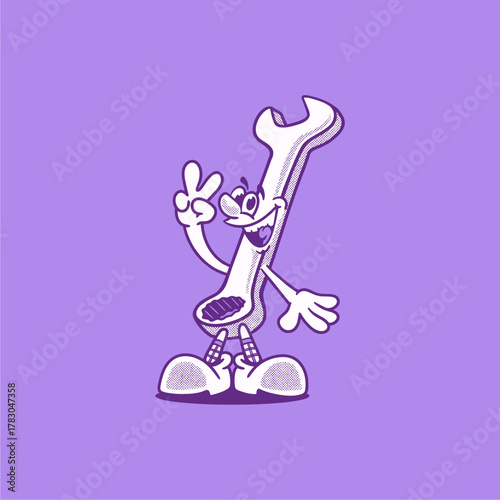 Groovy wrench character in retro cartoon with happy face. Mascot, vector, icon, collection, sticker, vintage, illustration, set, funny, logo, comic, editable, 70's, worker tools, hand tools, spanner