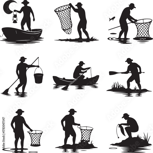 Silhouetted fishermen illustration with nets boats and night light elements