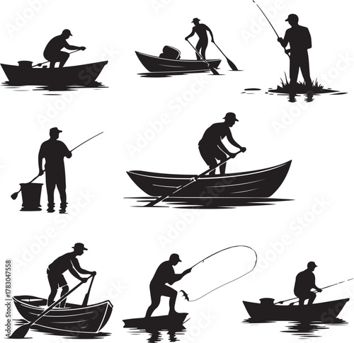 Silhouetted Fishermen in Boats Engaging in Recreational Angling Activities