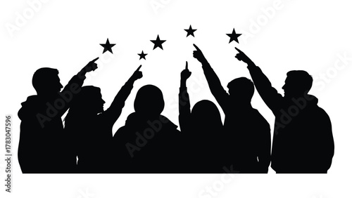 Silhouettes of people pointing at stars isolated on white background, Vector