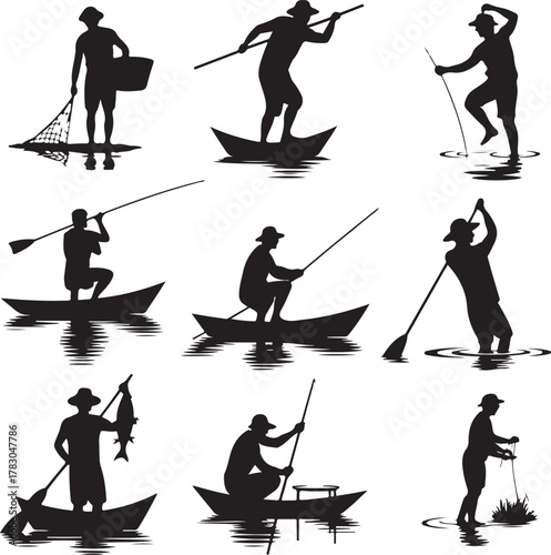 Silhouetted Fishermen in Various Poses Black and White Graphic Design