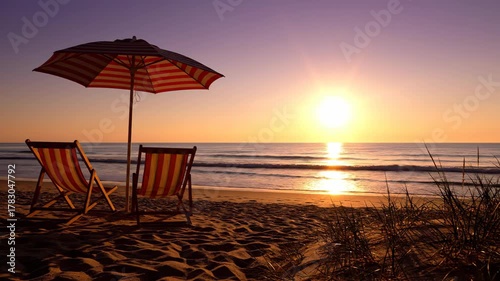 Two striped beach chairs under an umbrella face the ocean at sunset Sand sunlit waves and beach grass complete the tranquil scene