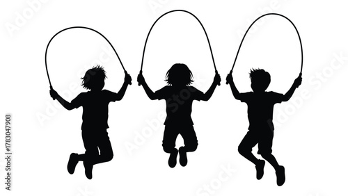 Three children jumping rope silhouette isolated on white background, Vector