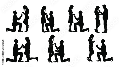 Marriage proposal silhouette icons isolated on white background, Vector