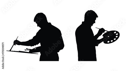 Artist painting silhouette duo isolated on white background, Vector