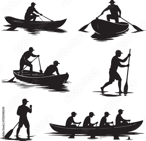 Silhouetted People Rowing Boats and Canoes Vector Illustration Set