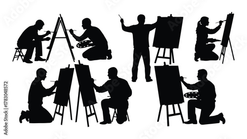 Artist silhouettes painting at easels isolated on white background, Vector