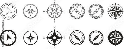 Compass Icon set. Monochrome navigational compass with cardinal directions of North, East, South, West. Geographical position, cartography and navigation. Exploration, and map design projects.