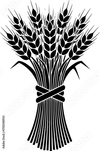 Illustration of a tied sheaf of wheat in black and white silhouette
