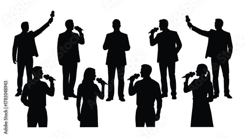 Public speakers and reporters silhouettes isolated on white background, Vector