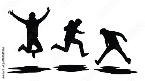 Dynamic silhouettes jumping over puddles isolated on white background, Vector