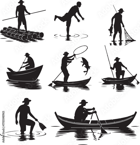 Silhouettes of Fishermen Engaging in Various Fishing Activities Vector Illustration