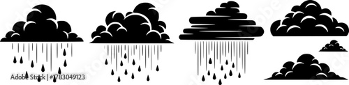 Different styles of clouds and rain in black color vector, silhouette, illustration, horizontal, isolated assets, on transparent background
