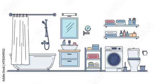 A clean and organized modern bathroom interior featuring a bathtub, shower, vanity, washing machine, toilet, and neatly arranged essentials.