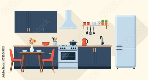 A modern and cozy kitchen interior featuring blue cabinets, essential appliances, a dining area, and decorative elements, designed for comfortable home living.