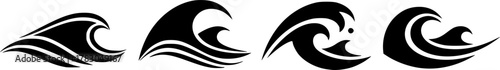 Four stylized black water wave illustrations set vector, silhouette, illustration, horizontal, isolated assets, on transparent background
