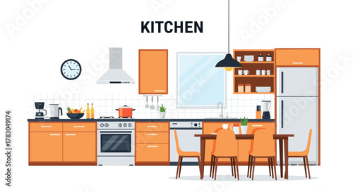 A modern and fully equipped kitchen interior with an attached dining area featuring orange cabinets and a clean design.