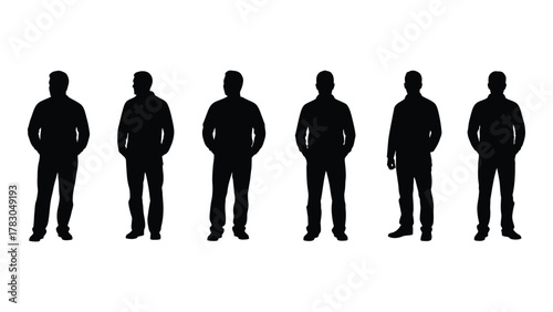 Diverse male silhouettes standing isolated on white background, Vector