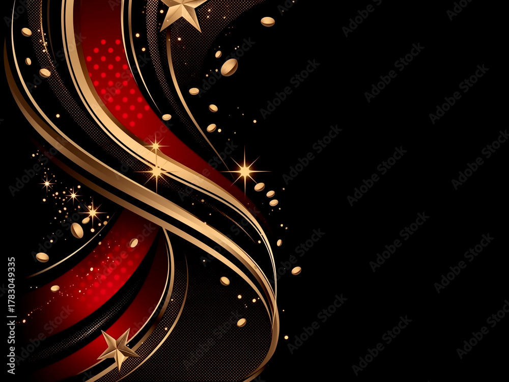Obraz premium 赤とゴールドの星とリボンの豪華なパーティー背景