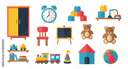 A collection of colorful flat-design illustrations of children's toys, furniture, and educational items for a playroom or nursery.
