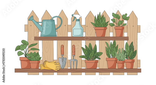 A collection of potted houseplants and essential gardening tools arranged on rustic wooden shelves against a charming picket fence.