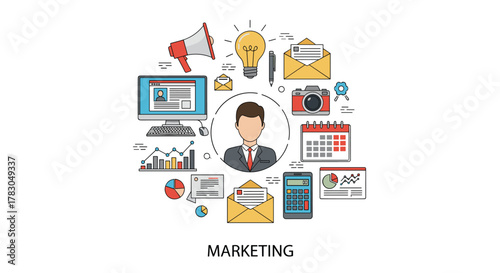 An illustration showcasing various marketing concepts and digital tools orbiting a business professional, representing strategy, analytics, and communication.