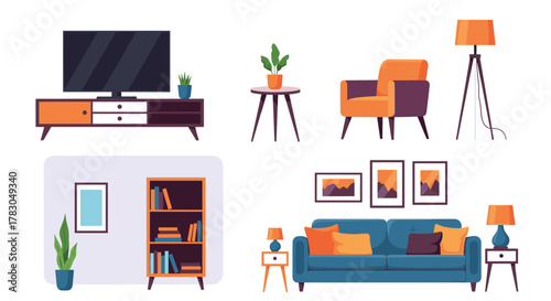 A collection of contemporary living room furniture and decor items presented in a flat design style, suitable for various interior concepts.