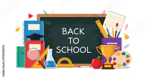 A vibrant illustration of school supplies and educational items arranged around a chalkboard displaying 'Back to School'.