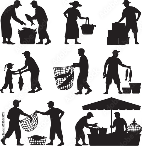 Silhouettes of people buying and selling fish at a market