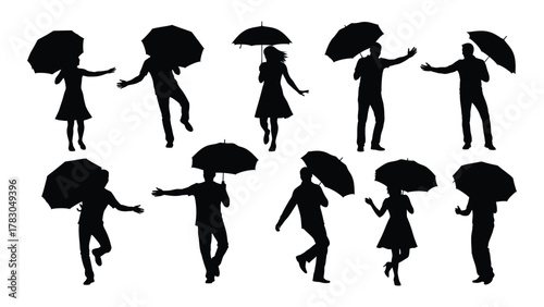 People with umbrellas silhouettes collection isolated on white background, Vector