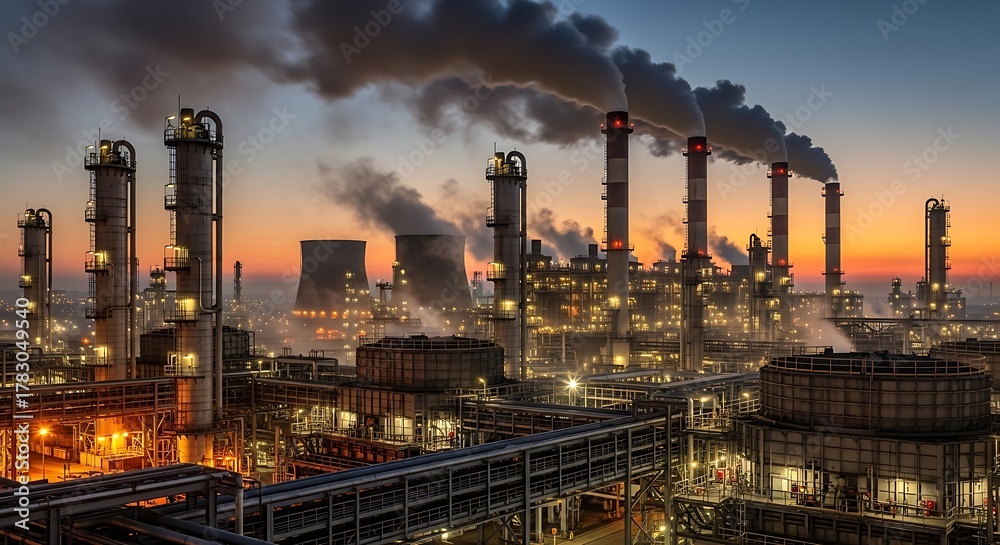 Obraz premium Industrial Complex Emitting Smoke at Sunset - Environmental Impact and Energy Production.