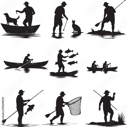 Silhouettes of People Engaged in Water Activities and Fishing Scenes