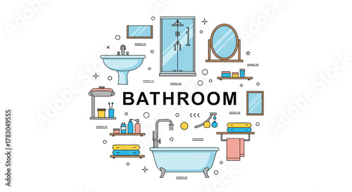 A circular collection of essential bathroom elements like a sink, shower, bathtub, and toiletries, in a clean, modern line art style.