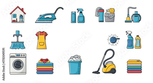 Set of vector illustrations depicting various household cleaning supplies, laundry equipment, and general home maintenance items.