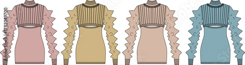 Collection of ruffled short dresses with high necklines in pastel shades blush pink, beige, pale rose, and dusty blue