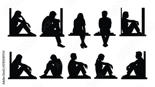 Silhouettes of people sitting in various poses isolated on white background, Vector