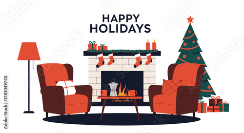 Festive interior with a 'Happy Holidays' message, featuring a fireplace, two armchairs, a Christmas tree, and warm decorations.