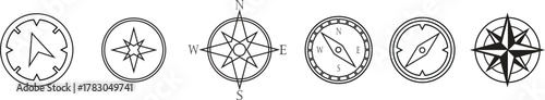 Compass Icon set. Monochrome navigational compass with cardinal directions of North, East, South, West. Geographical position, cartography and navigation. Exploration, and map design projects.