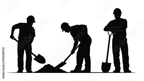 Construction workers with shovels silhouette isolated on white background, Vector