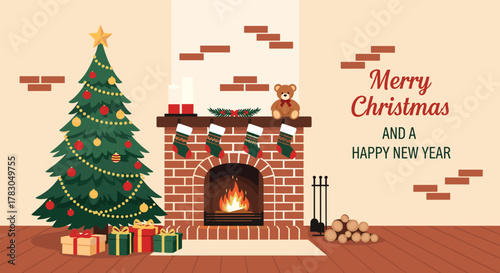 A festive and cozy Christmas and New Year interior scene with a decorated tree, warm fireplace, stockings, and holiday greetings.
