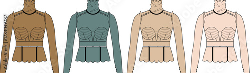 Elegant Mock Neck Bustier Top Flat Sketch Collection in Various Hues for Fashion Design